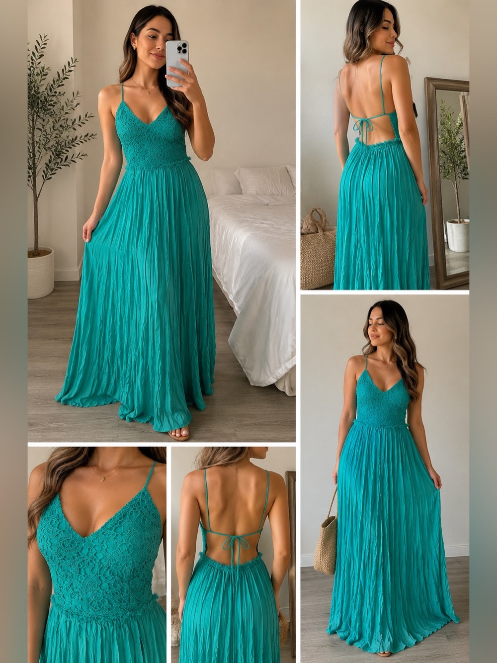 Marineblu Turquoise Lace Open Back Maxi Dress | Boho Resort Dress | Size L